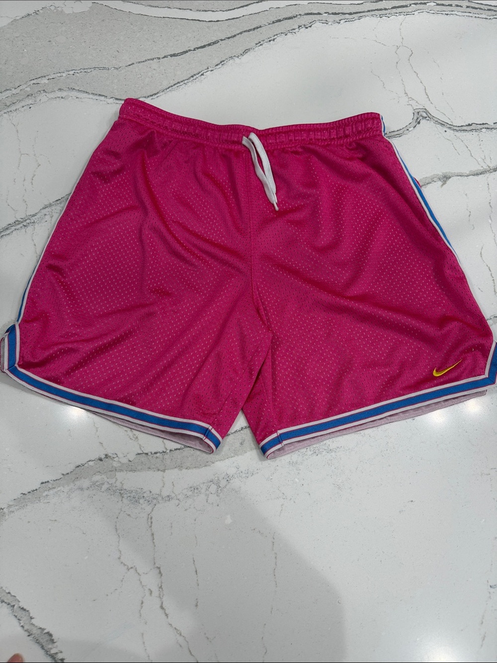 Nike Pink Mesh Athletic Shorts with Blue & White Trim, Size Small